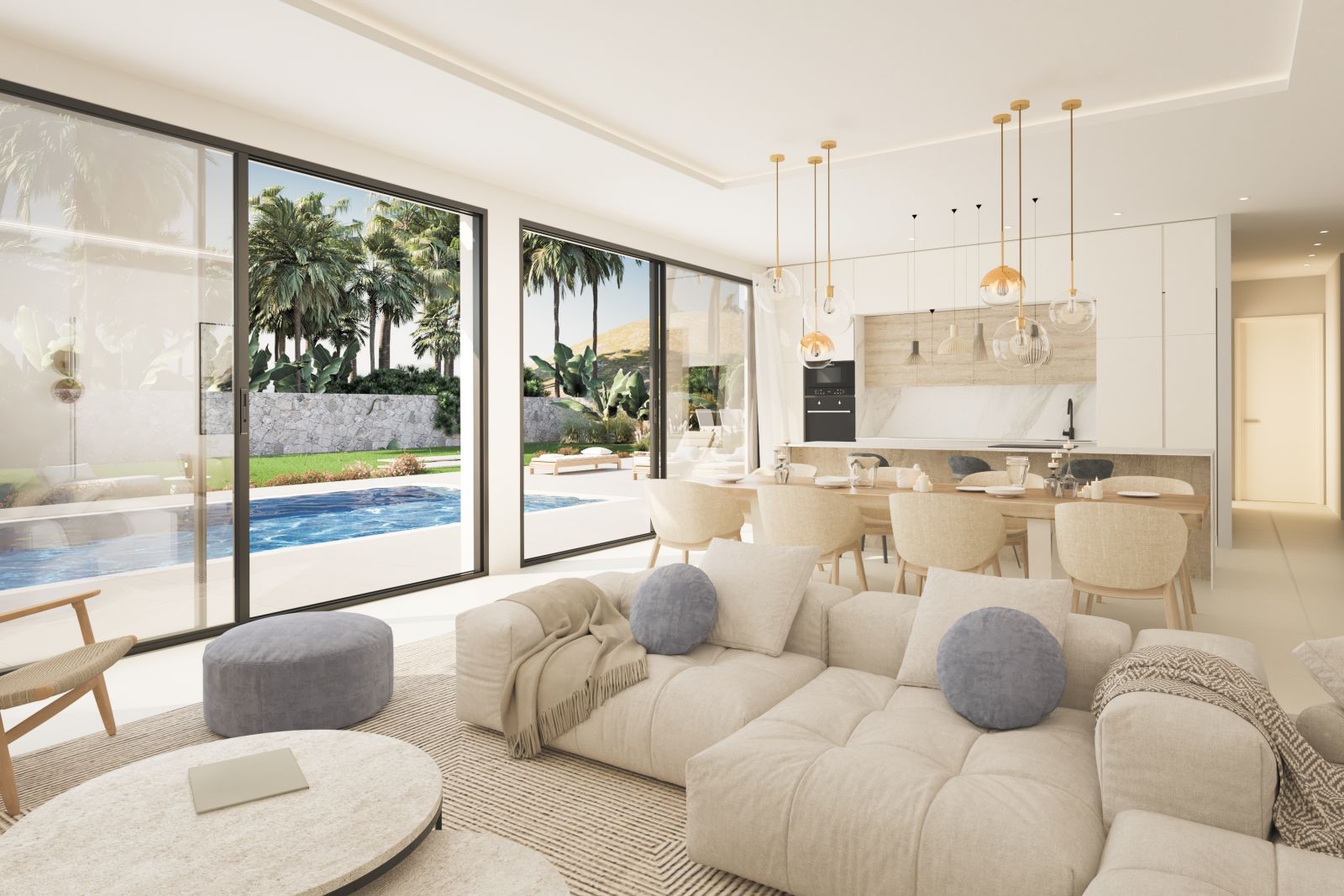 Nowoczesny salon z widokiem na basen w willi Estepona.